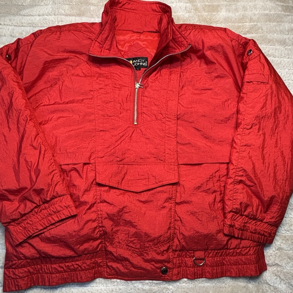 Andy Johns Jacket Women Large‎ Red Pocket 1/4 Full Zip Nylon Windbreaker VTG 80s